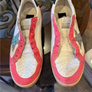 Golden Goose Pink and White Sneakers with Glitter Star